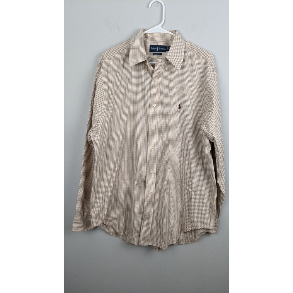 Ralph Lauren Beige Check Shirt‎ 17.5 35 Classic Fit Long Sleeve Cotton USA Made